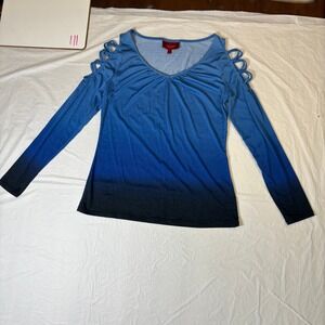 Jennifer Lopez Ombre Cold Shoulder Cutout V Neck Long Sleeve Top Women's Size S